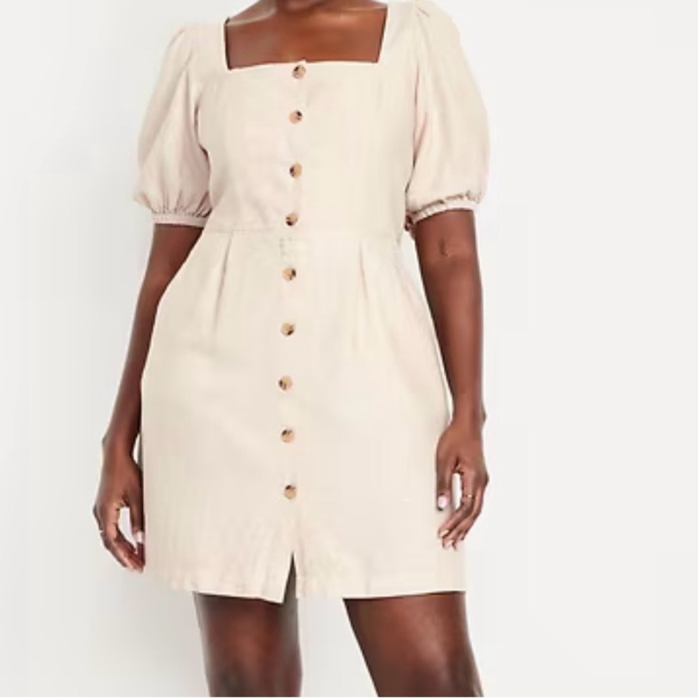 Square Neck Button-Front Mini Dress in Light Beige brand new sz 4xl